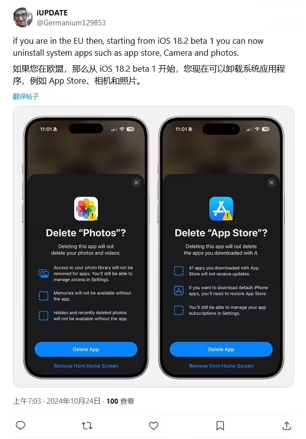 容城苹果手机维修分享iOS 18.2 支持删除 App Store 应用商店 