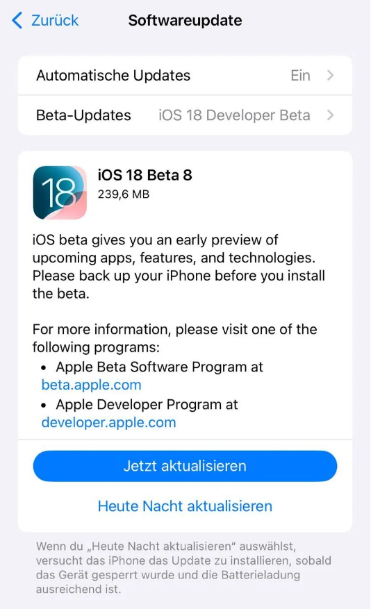 容城苹果手机维修分享苹果 iOS / iPadOS 18 开发者预览版 Beta 8 发布 